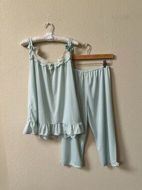 Vintage Baby Blue Lace Bow Two-Piece Pajama Set Sz M